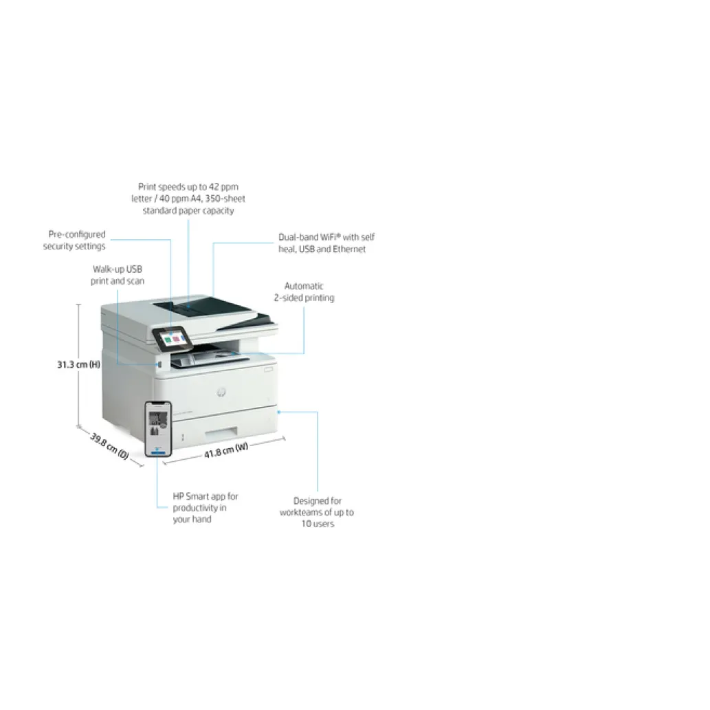 Tiskalnik multifunkcijski laserski ČB HP LaserJet Pro 4102fdw A4 duplex tisk duplex skeniranje faks USB LAN WiFi 40ppm (2Z624F#B19)