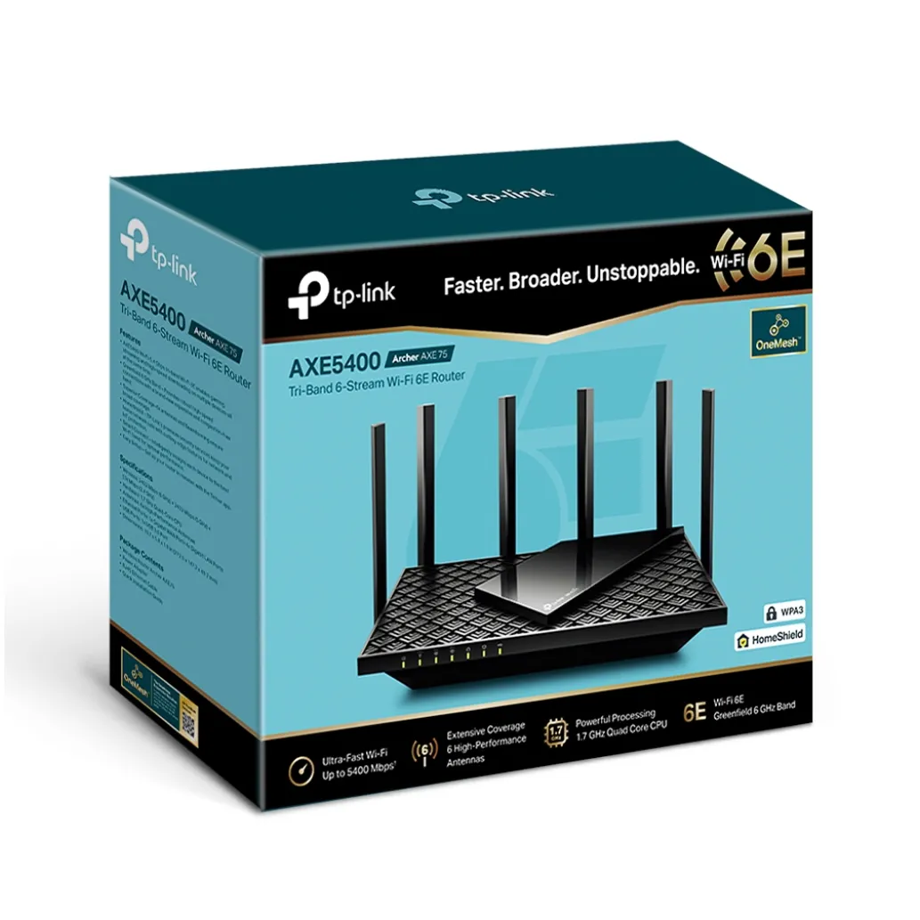 Usmerjevalnik brezžični TP-Link Archer WiFi6E 802.11ax AX5400 2402Mbit/s triband MESH OFDMA 4xLAN 6x antena (ARCHER AXE75)