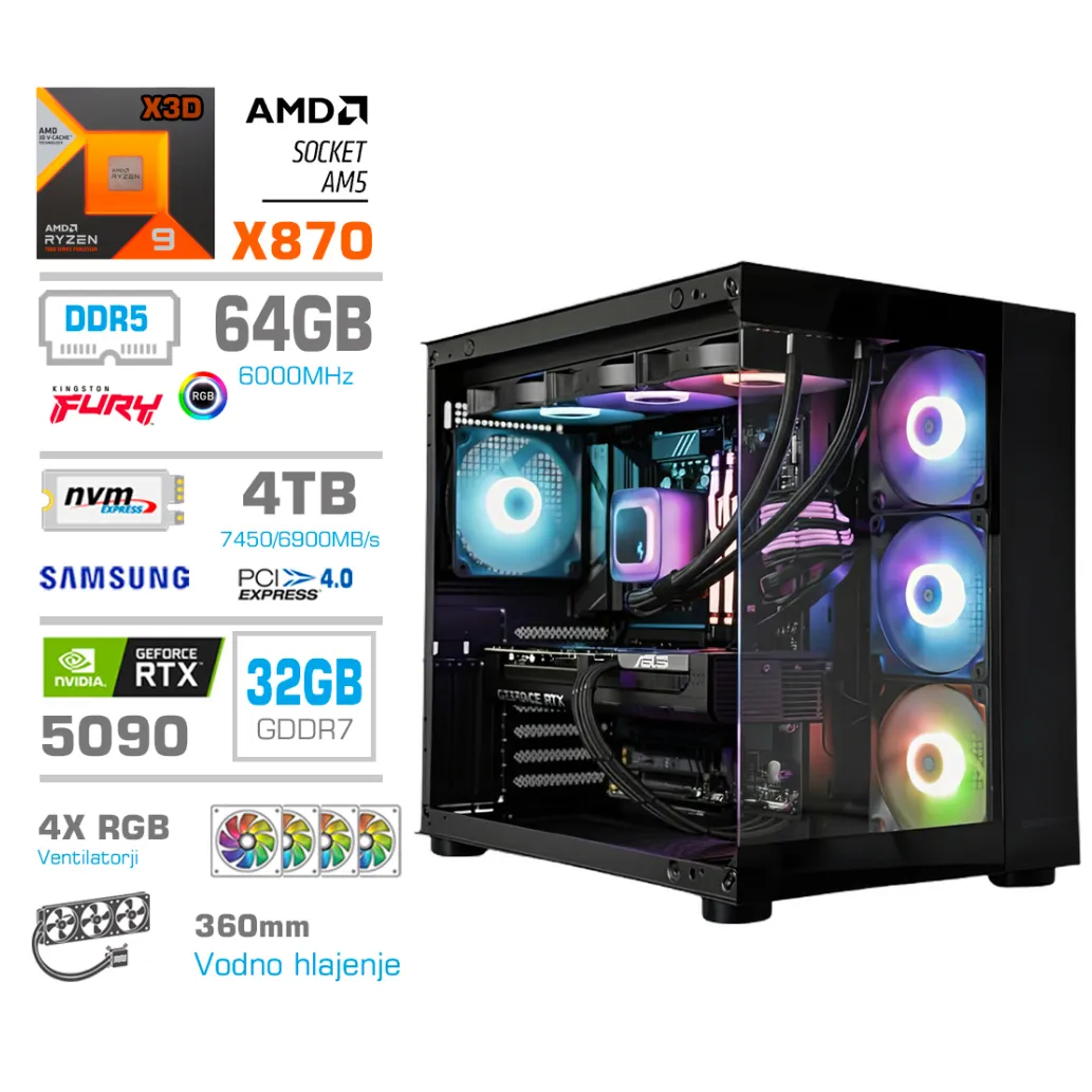 Računalnik MEGA MT S5 R9-9950X3D/RTX5090/64GB-DDR5/4TB-4.0/1050W/Brez OS/črna RGB