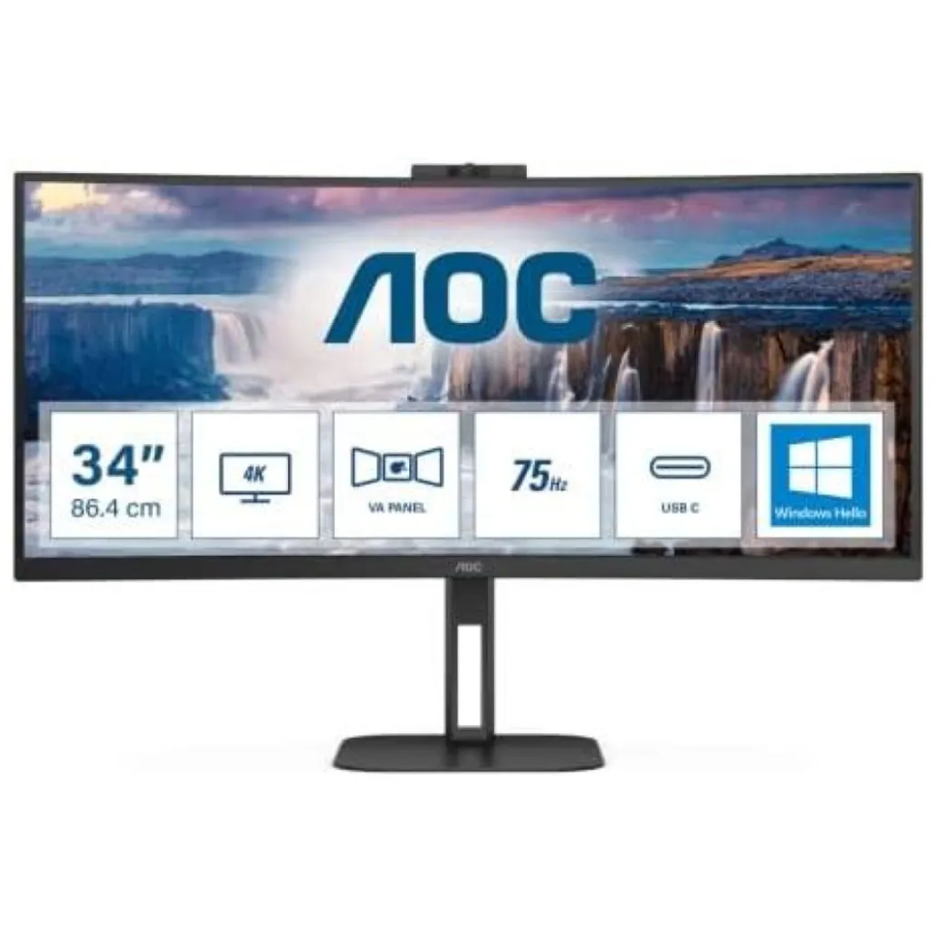 Monitor AOC 86,4 cm (34,0") CU34V5CW 3440x1440 Curved konferenca 100Hz VA 1ms HDMI DisplayPort USB-C 65W 4xUSB3.2 HAS Kamera Zvočniki 2x5W DCI-P3-92% V5
