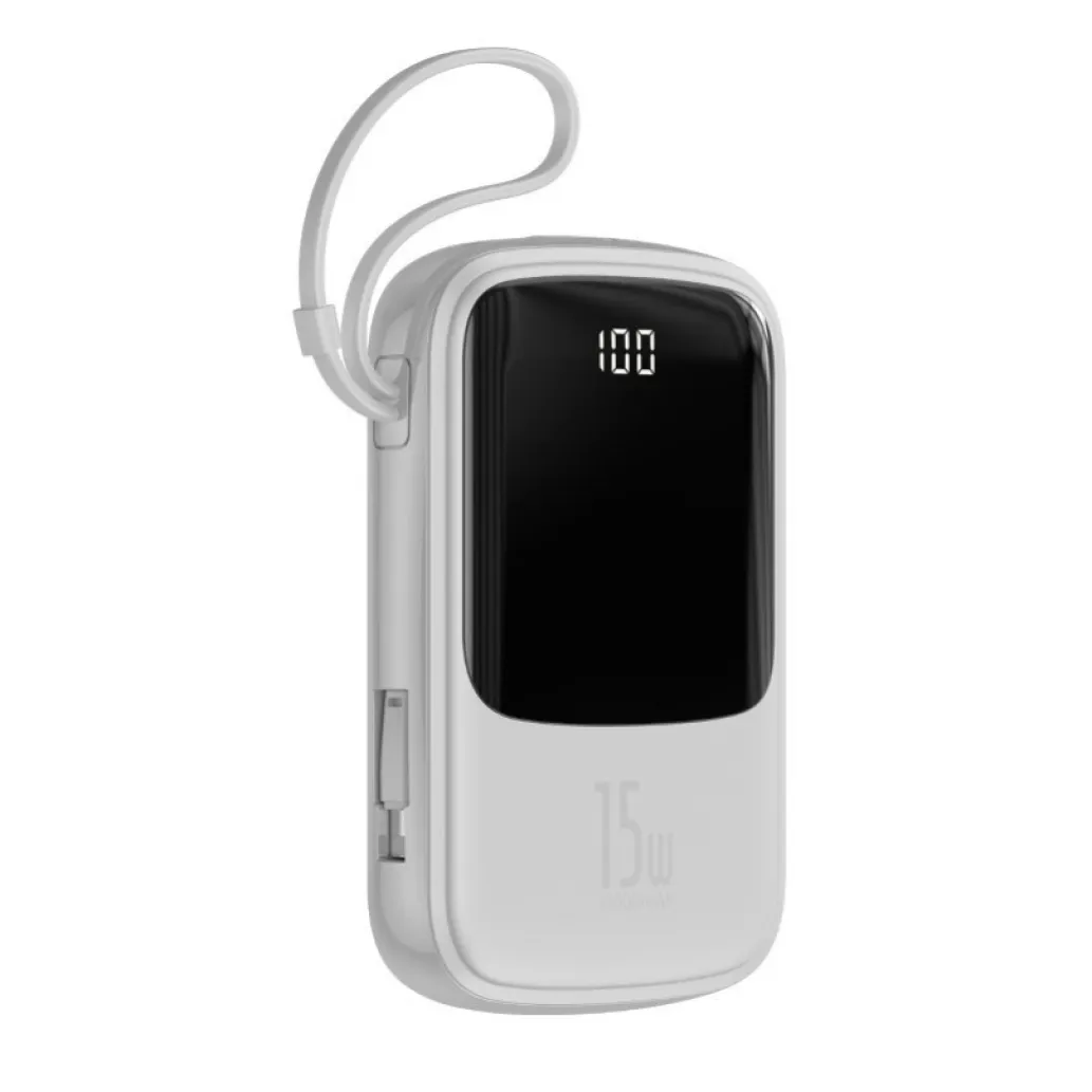 Prenosna baterija Baseus Qpow z Lightning kablom 10.000 mAh 15W 2x USB-A 1x USB-C - bela
