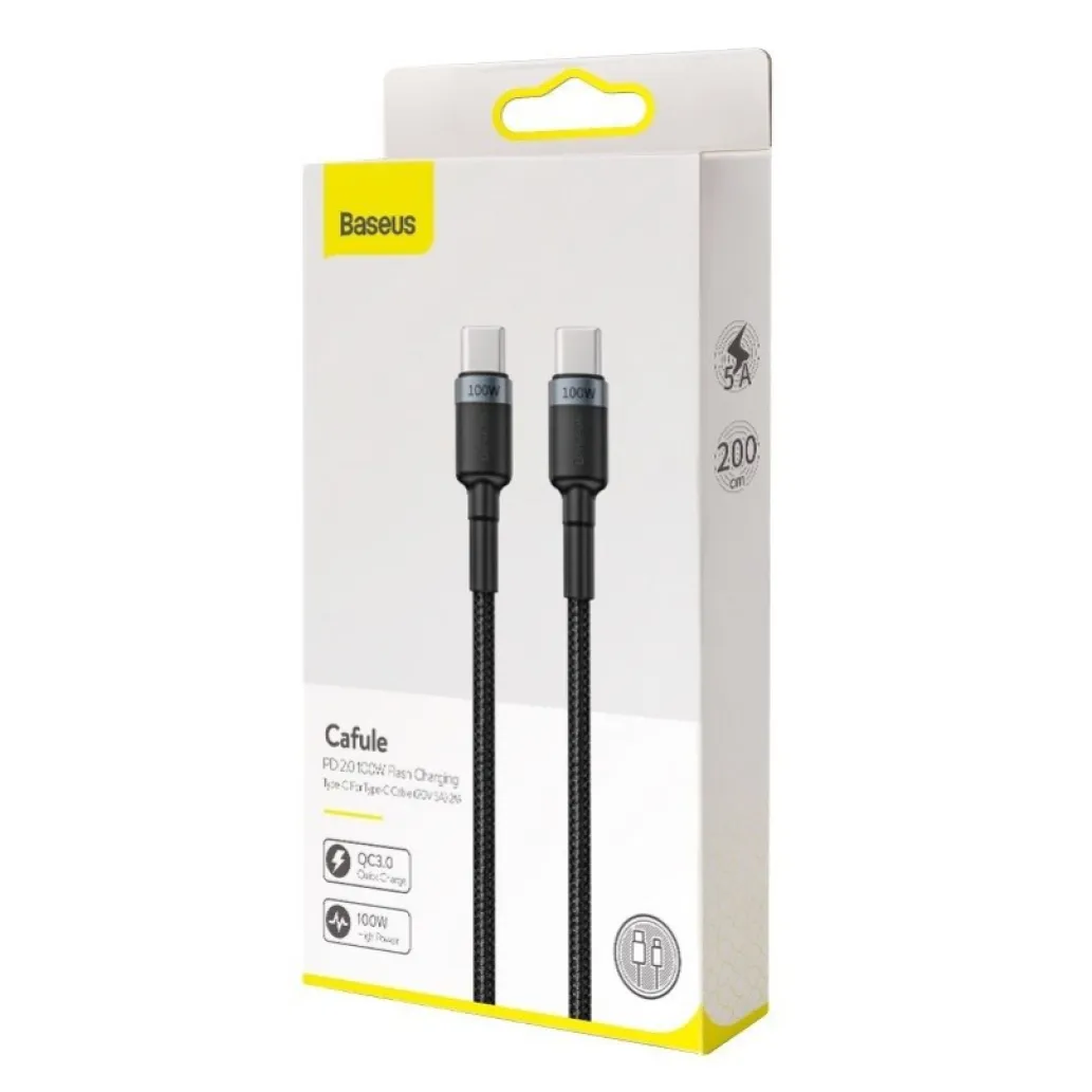 Kabel USB-C => USB-C tekstil ovoj 2,00m 20V/5A 100W PD2 Baseus Cafule črn/siv (CATKLF-ALG1)