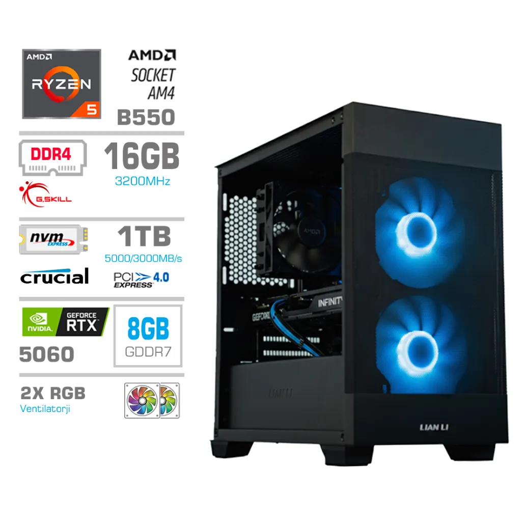 Računalnik MEGA MT S7X R5-5500/RTX5060/16GB/1TB-4.0/750W/Brez OS/črna RGB