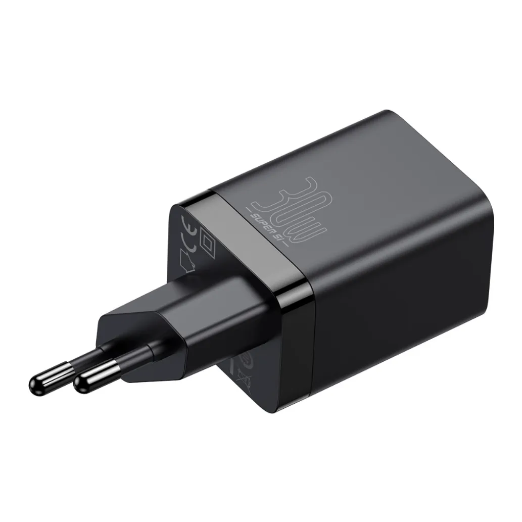 Hišni polnilec 100-240V => 1x USB-A (ž) 1x USB-C 30W za mobilni telefon ali tablični računalnik Baseus Super Si Pro PD3 + QC3 - črn (CCSUPP-E01)