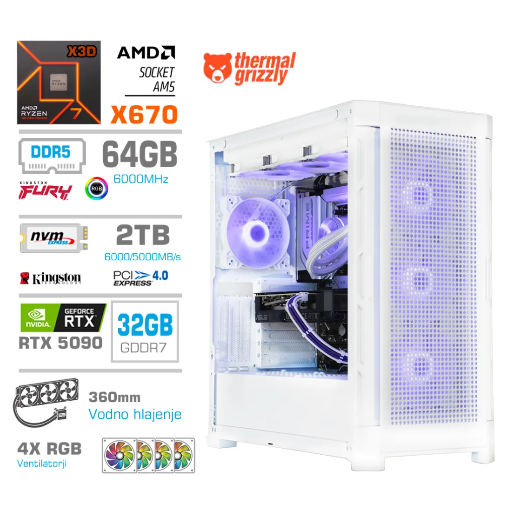 Računalnik MEGA TWR S11 R7-7800X3D/RTX5090/64GB-DDR5/2TB-4.0/1050W/Brez OS/bela RGB