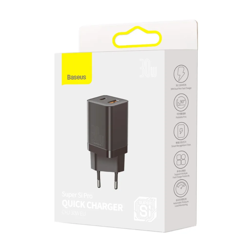 Hišni polnilec 100-240V => 1x USB-A (ž) 1x USB-C 30W za mobilni telefon ali tablični računalnik Baseus Super Si Pro PD3 + QC3 - črn (CCSUPP-E01)