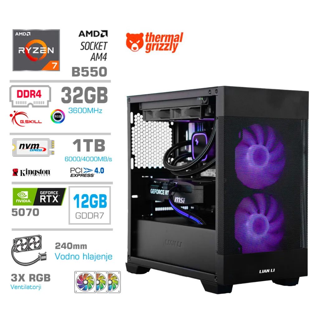 Računalnik MEGA MT S7X R7-5700X/RTX5070/32GB/1TB-4.0/750W/Brez OS/črna RGB + Estetski napajalni kabli [Vijolična / Črna]