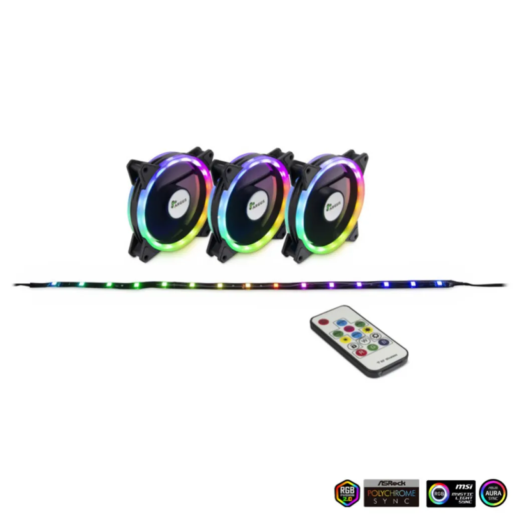 Ventilator Inter-Tech Argus RS-04 120mm, črna RGB (3 pack, RGB trak + daljinec)