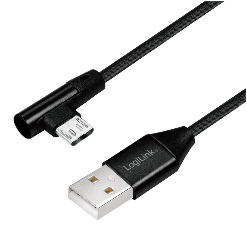 Kabel USB A => B micro tekstil ovoj 1,00m 90° (za mobitele) LogiLink črn (CU0142) EOLS-P