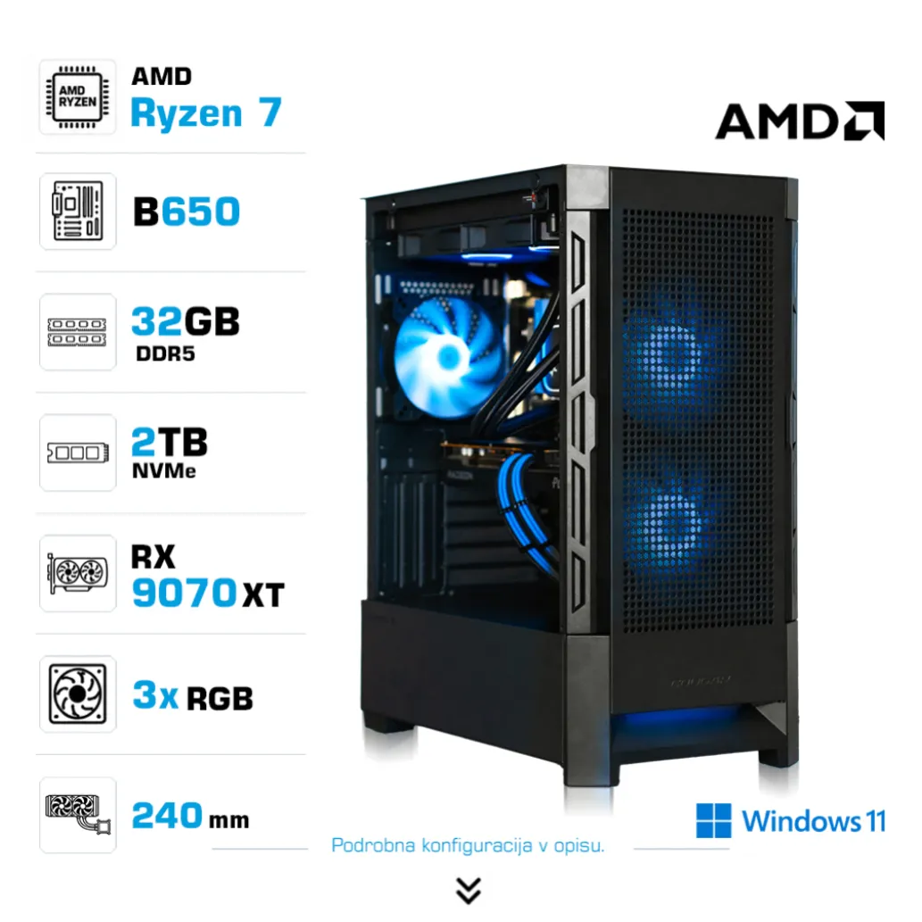Računalnik MEGA MT S8 R7-7700X/RX9070 XT/32GB-DDR5/2TB-4.0/750W/Win11Home/črna RGB + Estetski napajalni kabli [Modra / Črna]