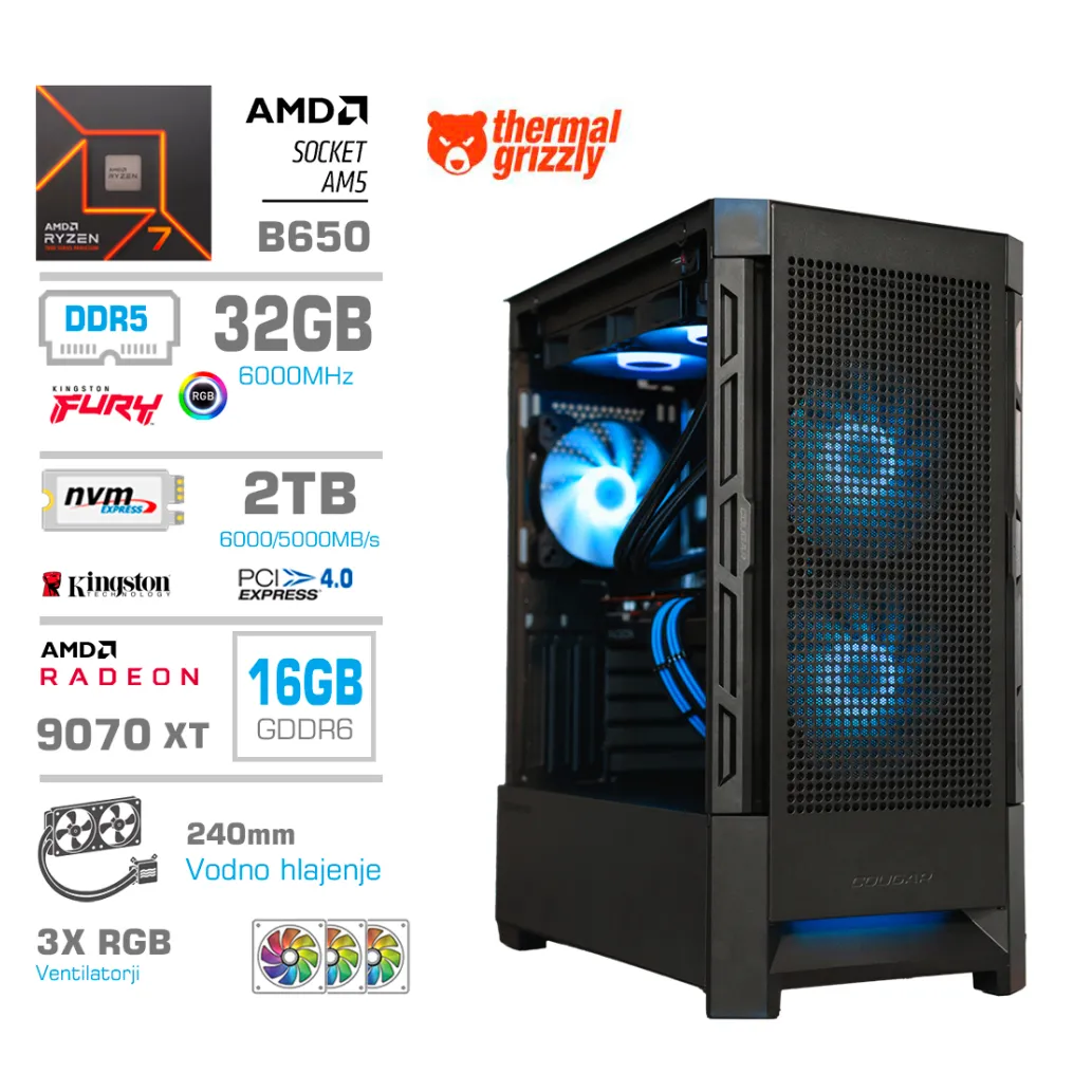 Računalnik MEGA MT S8 R7-7700X/RX9070 XT/32GB-DDR5/2TB-4.0/750W/Brez OS/črna RGB + Estetski napajalni kabli [Modra / Črna]