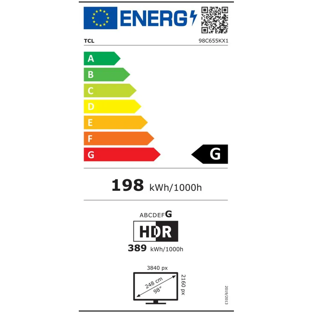 TV sprejemnik TCL 98,0" 248,9 cm 98C655 3840x2160 QLED Google TV 4xHDMI 2xUSB BT WiFi RJ45 HDR10+