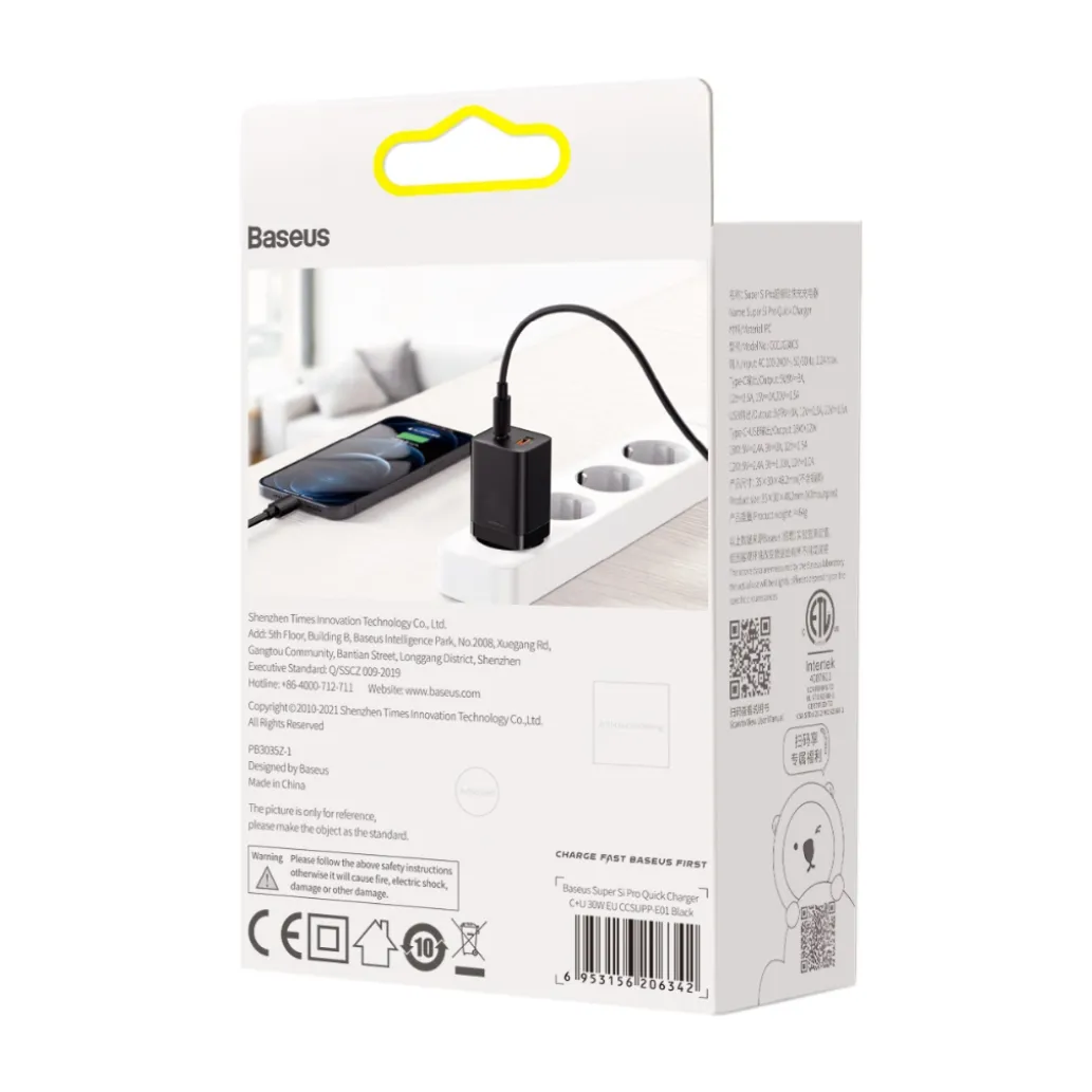 Hišni polnilec 100-240V => 1x USB-A (ž) 1x USB-C 30W za mobilni telefon ali tablični računalnik Baseus Super Si Pro PD3 + QC3 - črn (CCSUPP-E01)