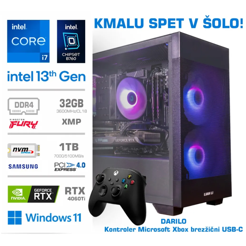 Računalnik MEGA MT S7X GAMER i7-13700F/B760/32GB/1TB-4.0/RTX4060Ti-16GB-HDMI 3xDP /750W-88%/Win11Home črna + Xbox kontroler