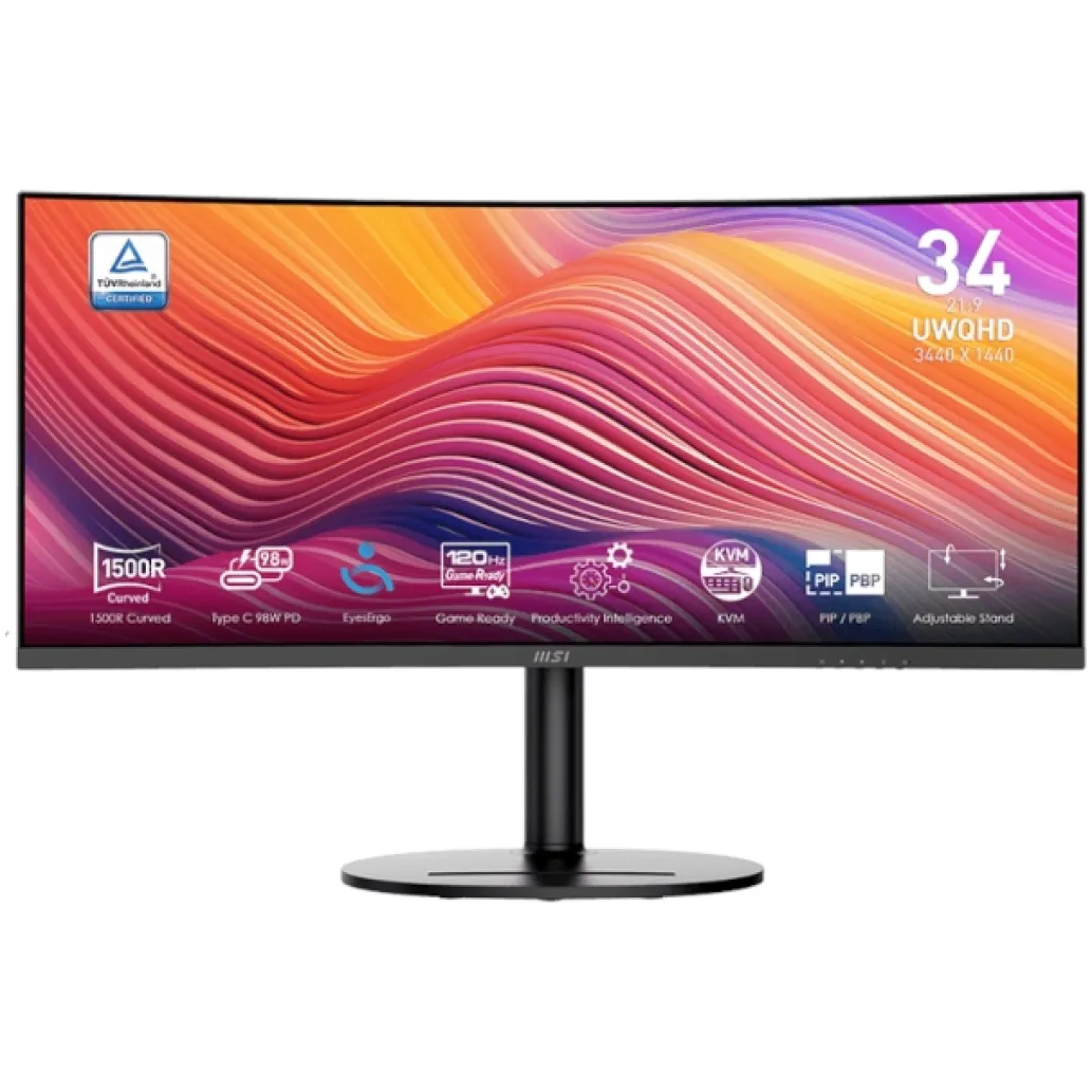 Monitor MSI 86,4 cm (34,0") MD342CQP 3440x1440 Curved 120Hz VA 1ms 2xHDMI DisplayPort 98W USB-C-Out Pivot Zvočniki 2x3W DCI-P3-95% FreeSync Premium KVM HDR Modern