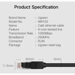 KABEL PATCH UTP Cat 6  40,00m  RJ45 1Gbit Ugreen (20169)