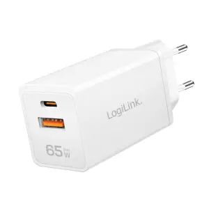 Hišni polnilec 100-240V => 1x USB-C (ž) 1x USB-A (ž) 65W GaN PD3 QC4 LogiLink (PA0371)