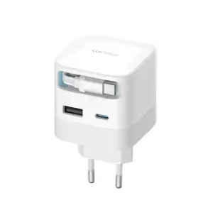 Hišni polnilec 100-240V => 1x USB-C 1x USB-A AD653W 67W GaN z izvlečnim 70cm USB-C kablom Cektech bel (AD653W)  