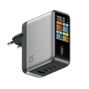 Hišni polnilec 100-240V => 3x USB-C USB-A 120W AD1204U z IPS zaslonom priložen kabel USB-C Cuktech srebrn (AD1204U) 