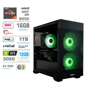 Računalnik MEGA MT S7X R5-5600X/RTX3060/16GB/1TB/750W/Brez OS/črna RGB + Estetski napajalni kabli [Zelena / Črna]