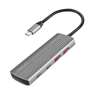 HUB USB-C => 2xUSB3.2 Gen2 tip A in 2xUSB-C3.2 Gen2 PD3.0 100W 10Gbps 20cm ALU ohišje space gray Logilink (UA0413)